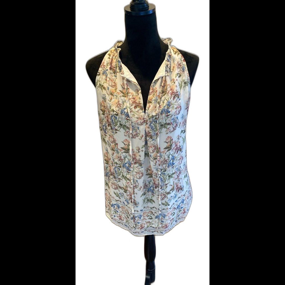 Max Studio Blouse Sleeveless Sz Large Feminine Top Floral Lined‎ Ruffle Neckline